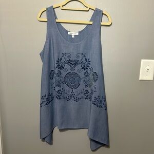 Karen by Karen Kane Sleeveless Top Blue Flowy Dressy Handkerchief Hem XL EUC